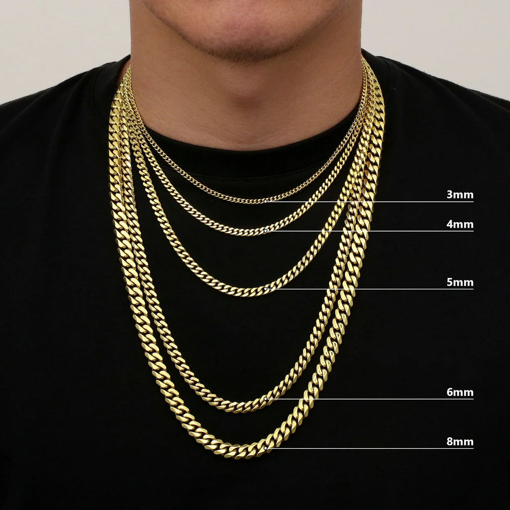 USA Free Shipping Real 8mm 14k Gold Plated Miami Cuban Link Chain Women Gifts Jewelry Stainless Steel Waterproof Mens Necklace