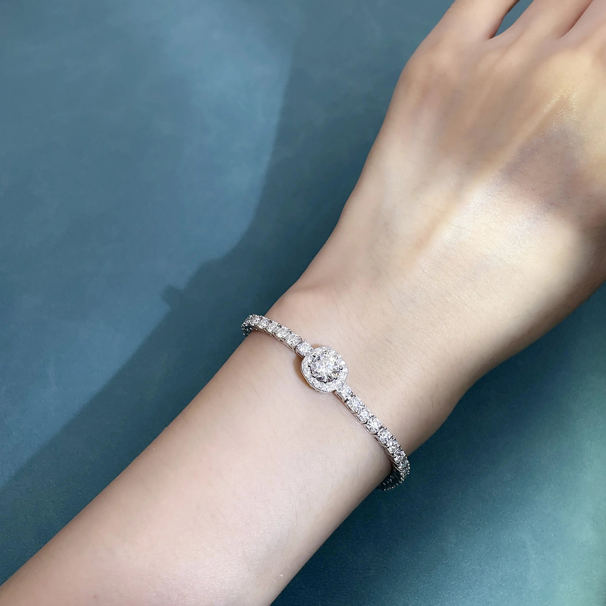 Tianyu Gems Silver Tennis Bracelet Mossanite DEF VVS 6.5MM 1ct Round Moissanite 18K White Gold Plated Bracelet