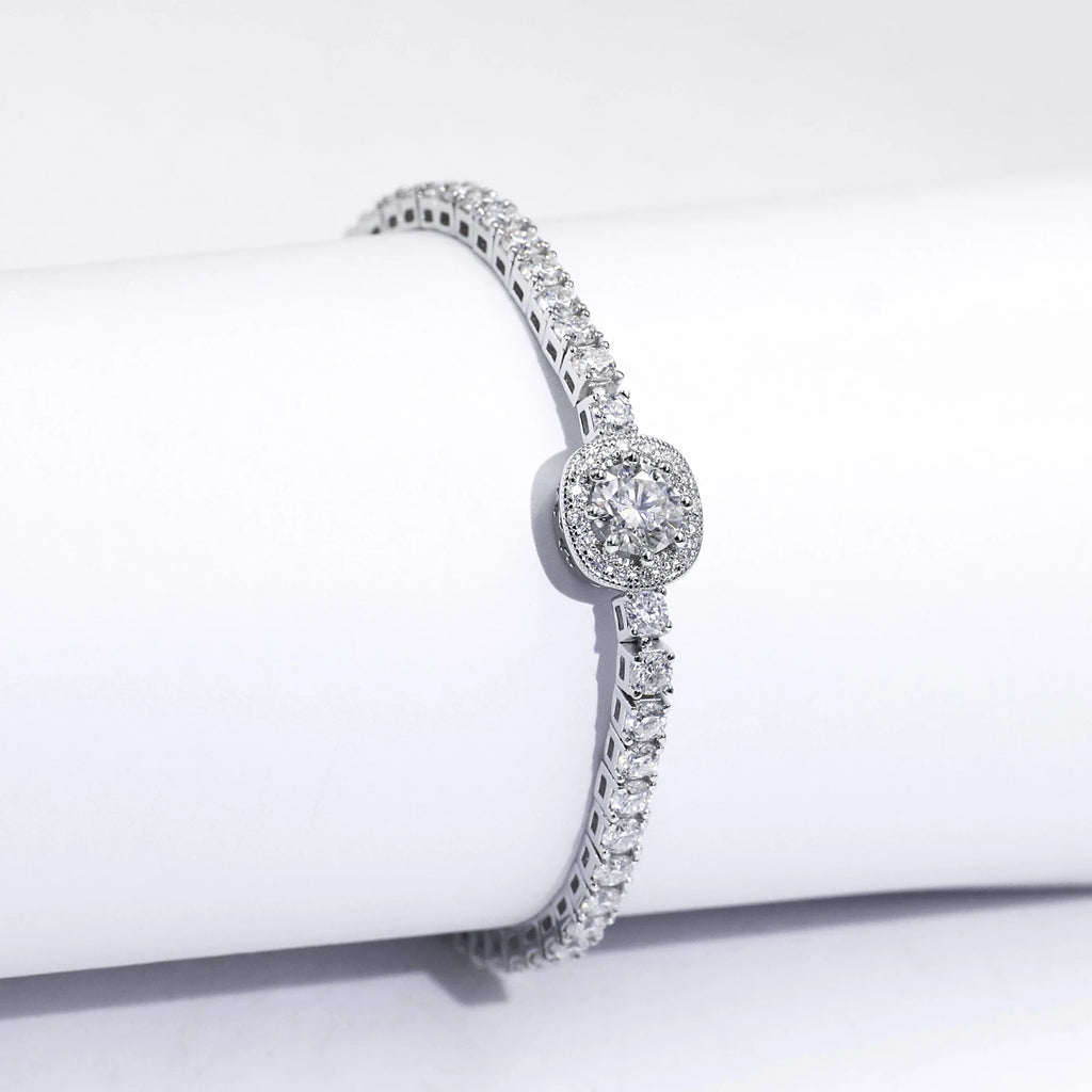 Tianyu Gems Silver Tennis Bracelet Mossanite DEF VVS 6.5MM 1ct Round Moissanite 18K White Gold Plated Bracelet