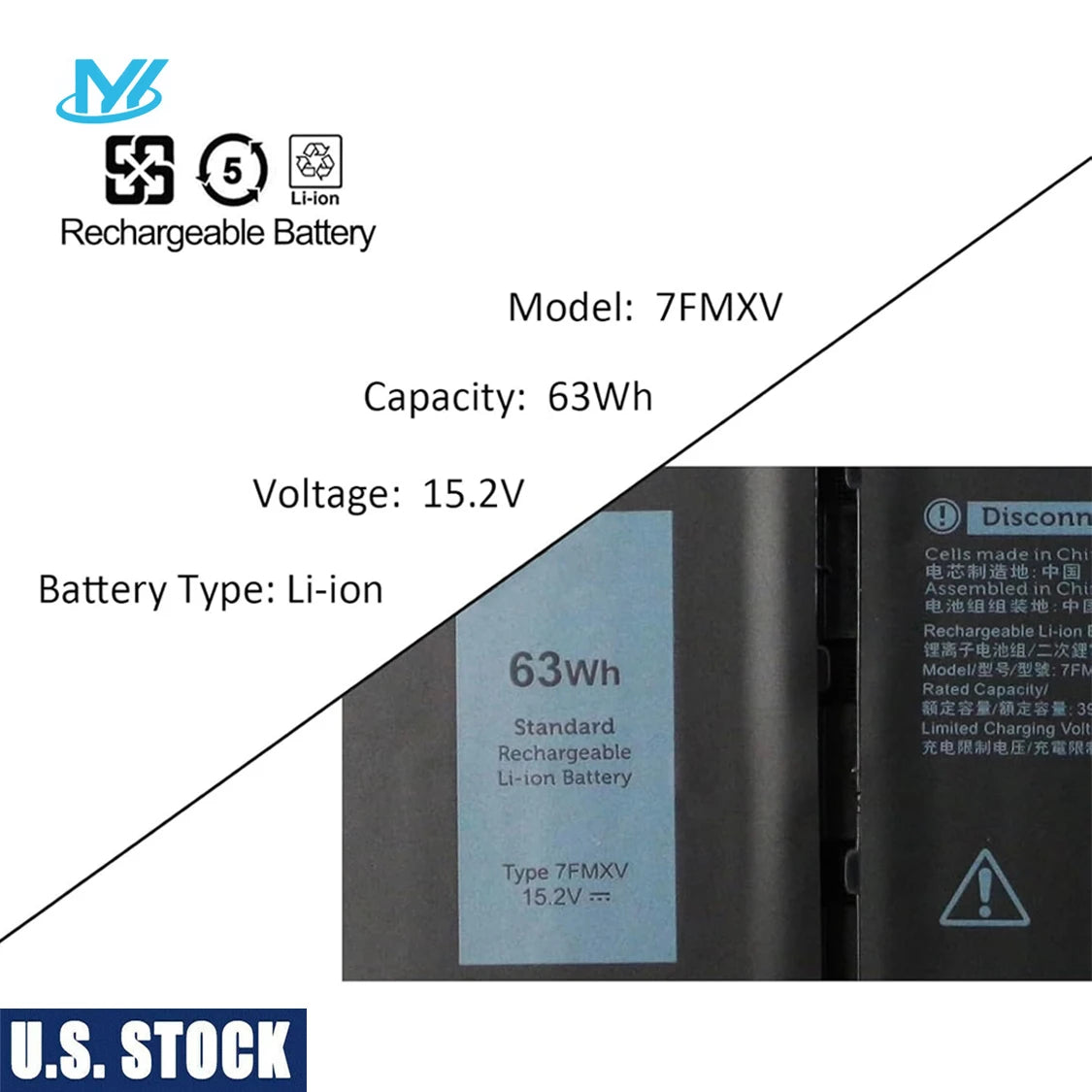US Stock 7FMXV Laptop Battery for Dell Latitude 5320 7320 7420 7520 Latitude 5320 2-in-1/7320 2-in-1/7420 2-in-1 P133G P134G