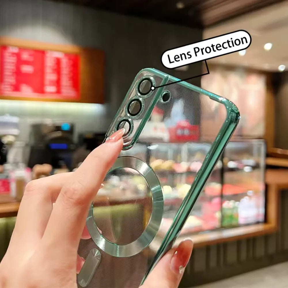 Luxury Plating Clear Magnetic For Magsafe Wireless Charge For Samsung Galaxy S24 Plus S22 S23 S24 Ultra Plus Silicone Cover Case