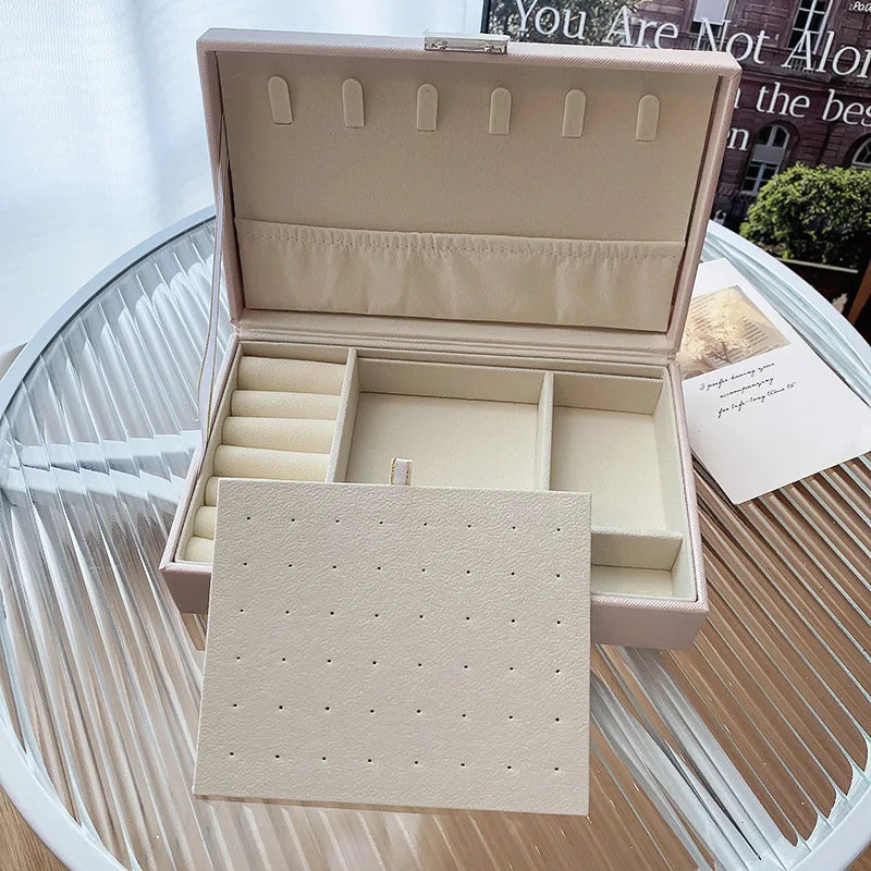 Large Square Jewelry Box Solid Color Leather Lock Boxes Earrings Necklace Bracelet Storage Display Boxes Travel Portable
