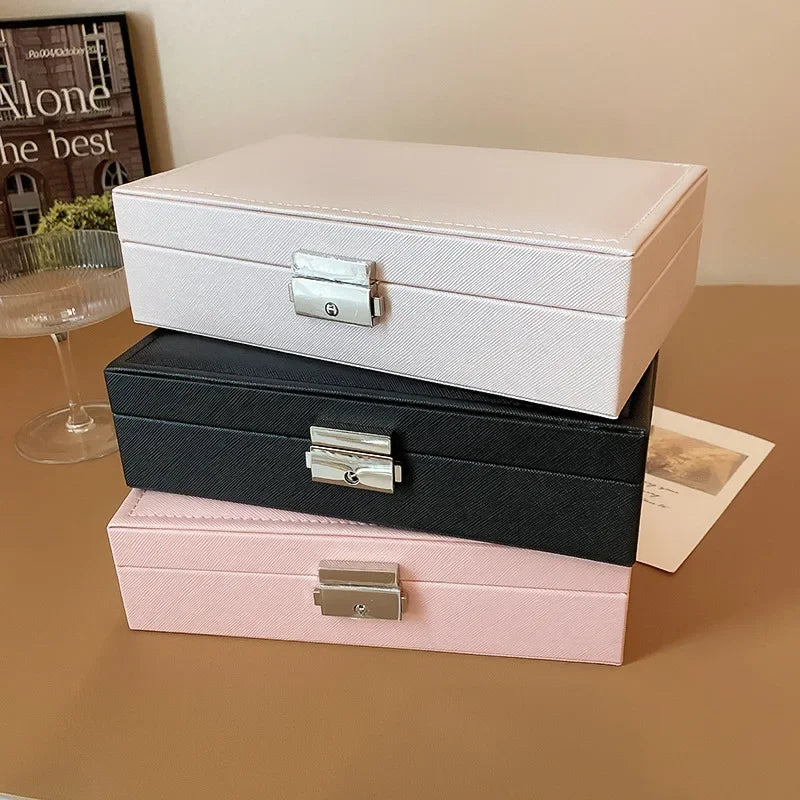 Large Square Jewelry Box Solid Color Leather Lock Boxes Earrings Necklace Bracelet Storage Display Boxes Travel Portable