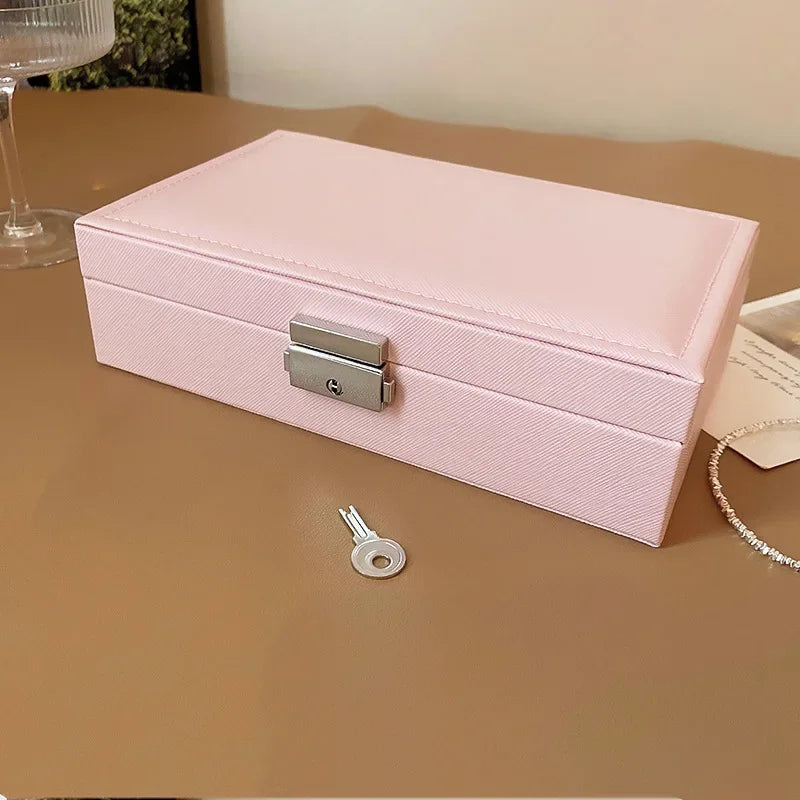 Large Square Jewelry Box Solid Color Leather Lock Boxes Earrings Necklace Bracelet Storage Display Boxes Travel Portable